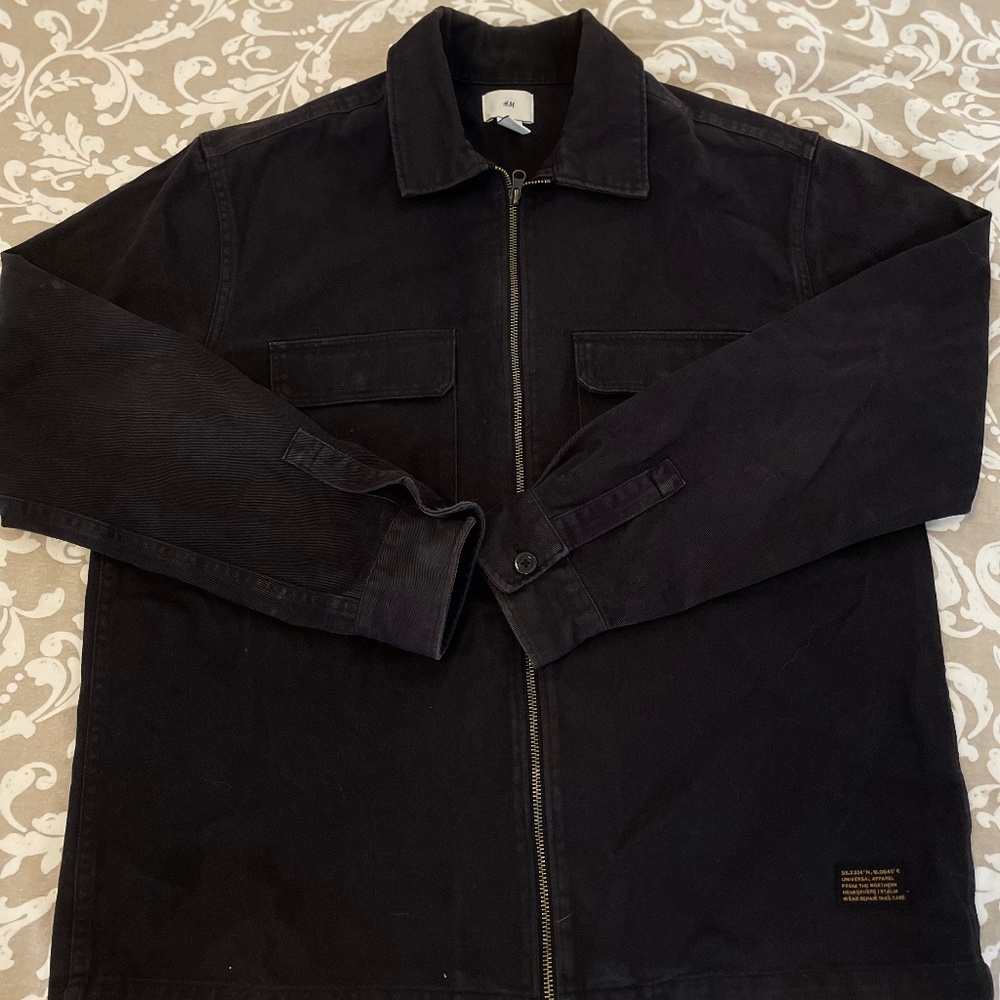 H&M Men’s Washed Black Work Jacket – Relaxed Fit Cargo Trucker, 100% Cotton